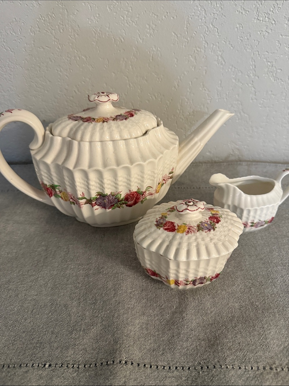 vintage Copeland Spode "Rose Briar" porcelain teapot, creamer, sugar bowl